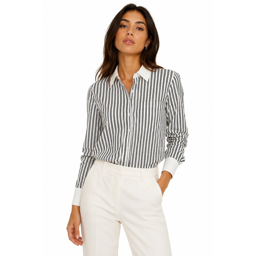 Club Monaco Womens XS Black White Striped Contrast Collar Button Down Shirt 100s